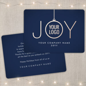 Business-Logo-Christmas-Card-Joy-Ornament-Copper-Rose-Gold-Navy-Blue-White