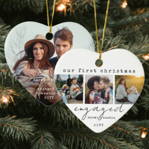 Modern-Our-First-Christmas-Engaged-Ornament-Photo-Collage-Heart-Black-White-Ceramic