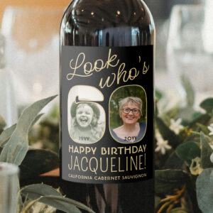 60th-Birthday-Party-Photo-Wine-Labels-Look-Whos-Then-Now-Black-Gold